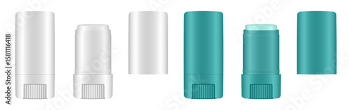 Cosmetic stick mockup set – white and teal green plastic packaging with rotating bottom wheel. Сontainers for sun protection, anti-chafing products, deodorants, or skincare
