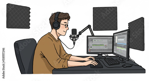 Person wearing headphones at a computer, recording audio with a microphone and soundproofing panels