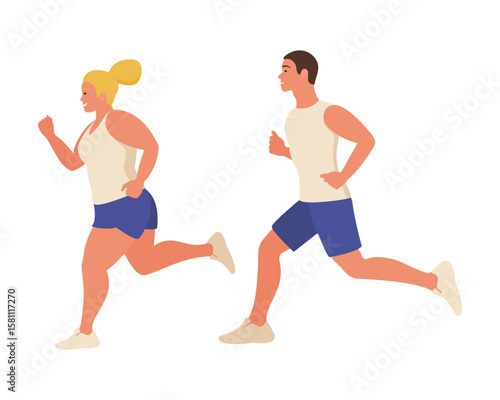 A married couple, a man and a woman, play sports. Running down the street.