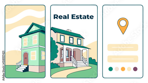 Illustration showcasing real estate with two houses and a location pin on a white background in three panels