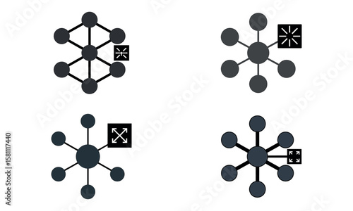 Network node structure icons with connected circles and data hub symbols in digital design
