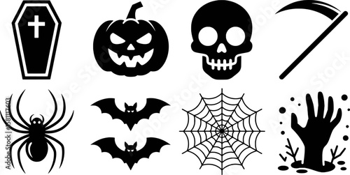 Spooky Halloween icons coffin pumpkin skull scythe spider bats cobweb hand cross jack