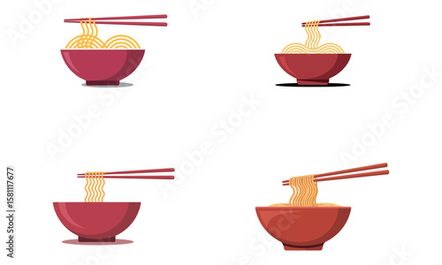 Noodle bowl illustrations with chopsticks and hot ramen food in traditional style

