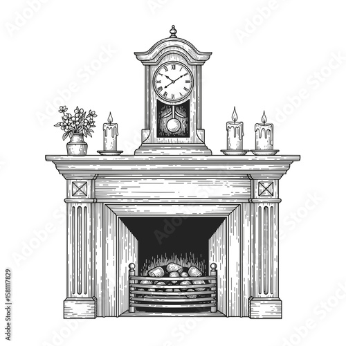 Classic fireplace with wall clock, candles, and decorative plants  