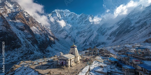 Kedarnath Temple Aerial Snow View