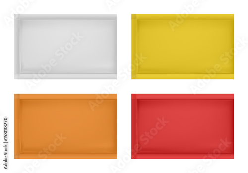 Wide rectangular sachet mockupwith granules or powder inside. White, yellow, orange, and red foil bags. Pharmaceutical products, supplements, instant drinks	