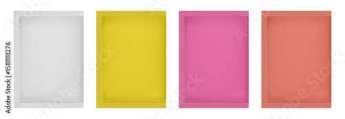 Realistic sachet mockup. White, yellow, pink, and coral red foil bags. Cosmetic samples, wet wipes, sugar, tea