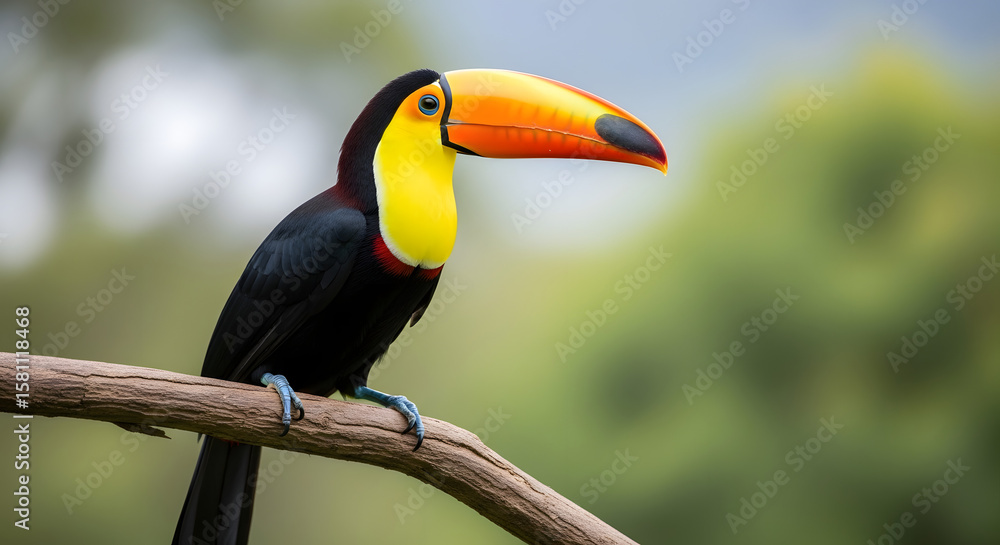 Fototapeta premium Toucan perched on a branch with vibrant beak and blurred jungle background