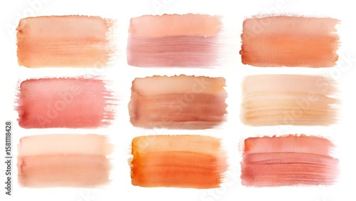 A collection of nine watercolor brush strokes in various shades of pink, orange, and peach