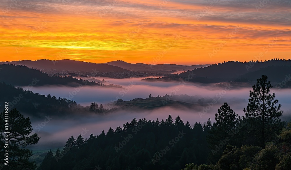Fototapeta premium Sunrise over valley shrouded in mist