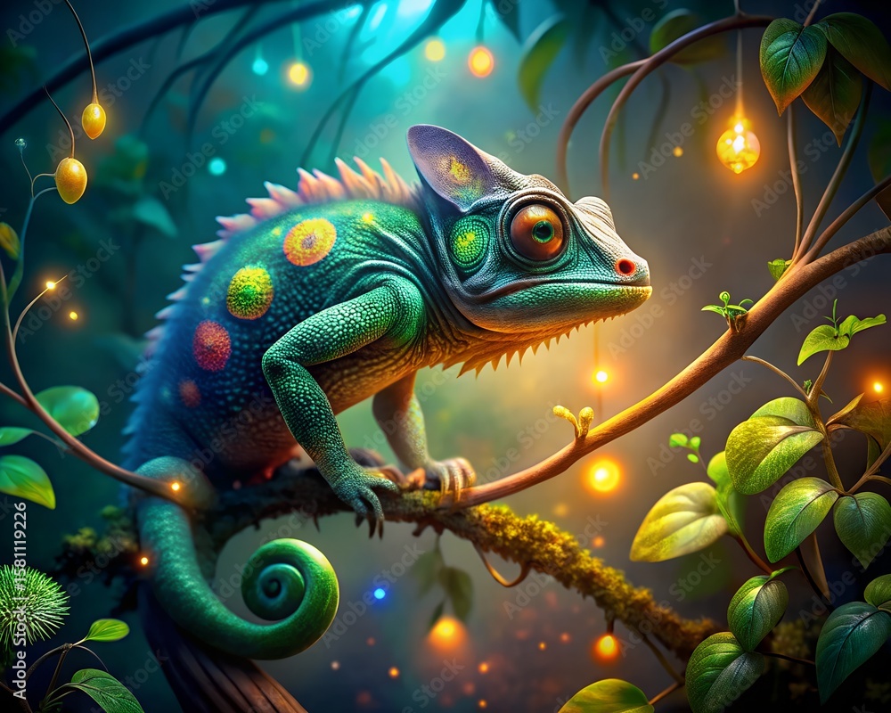 Obraz premium A colorful chameleon perched on a branch in a magical forest