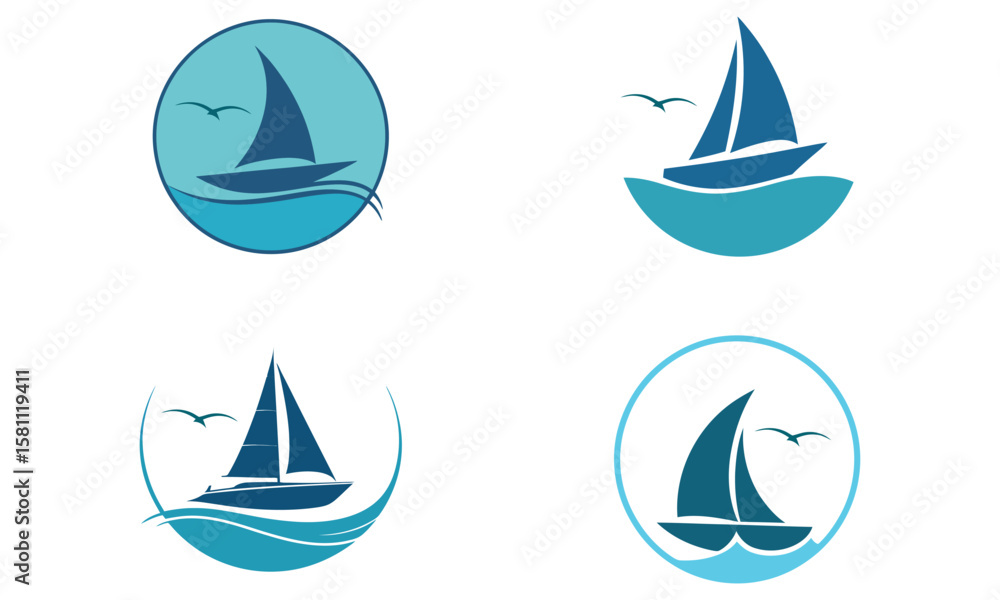 Sailboat logo icons with blue sea waves and birds in minimal nautical design
Sailboat logo icons with blue sea waves and birds in minimal nautical design