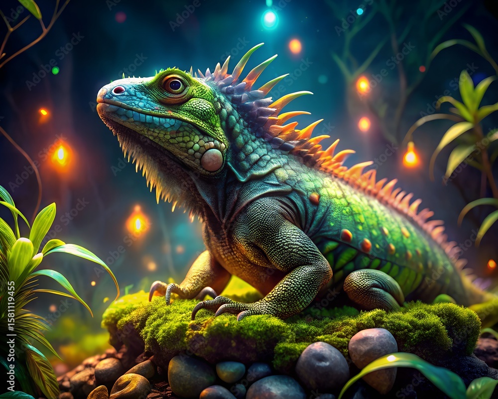 Fototapeta premium A spiky iguana on moss in an enchanted forest