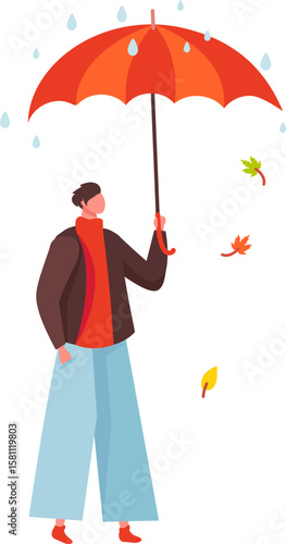 Young man holding an orange umbrella, sheltering from rain during autumn, surrounded by colorful falling leaves, embodying weather protection and safety in a chilly outdoor setting