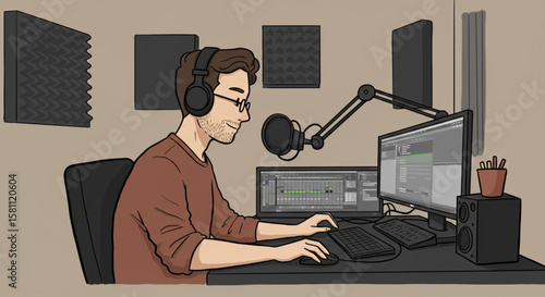 A vector illustration of a man recording audio in a home studio. Male podcaster or streamer working at a computer with a microphone and headphones.