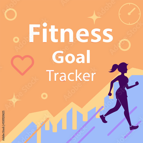 Illustration of a fitness goal tracker app interface with a woman running up steps and motivational icons