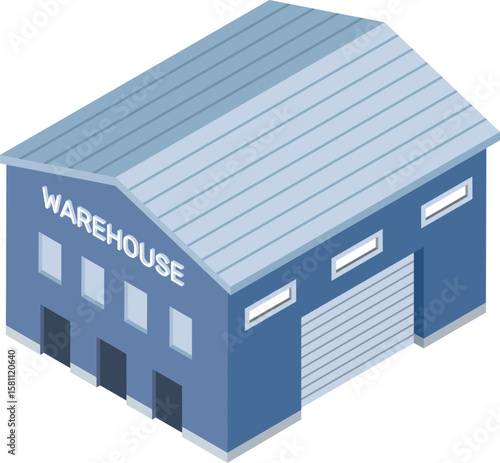 Isometric blue warehouse building featuring a loading dock and a metal roof, illustrating concepts of storage, logistics, industry, distribution, and commerce in a modern design
