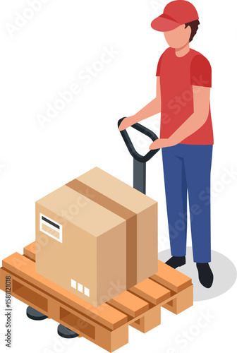 Warehouse worker wearing red t shirt and cap is transporting large cardboard box placed on wooden pallet using manual pallet jack in isometric view
