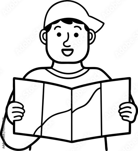 Cartoon Man with Cap Holding a Map Black and White Line Art