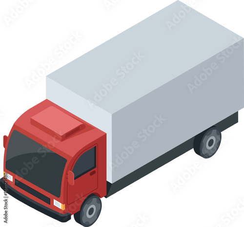Red delivery truck transporting merchandise, illustrating concepts of logistics, shipping, and freight transportation in an isometric perspective