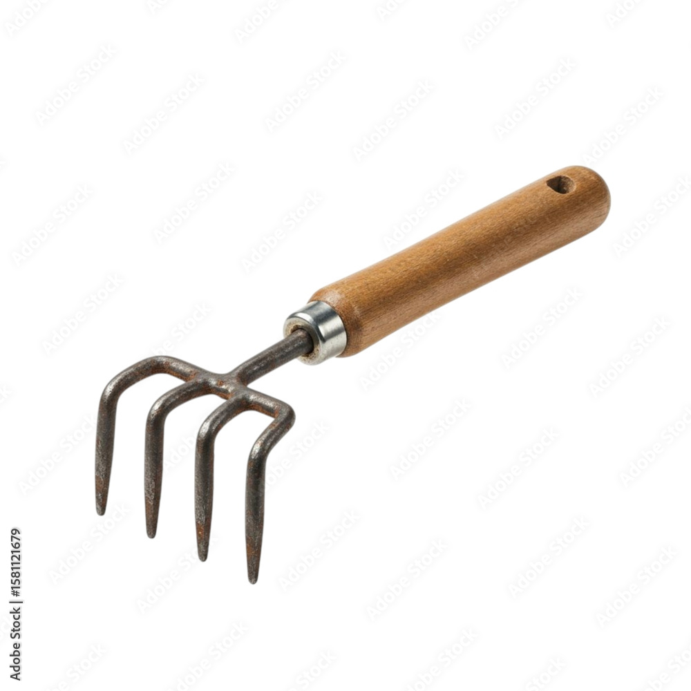 Fototapeta premium Hand cultivator with a wooden handle isolated on white background.