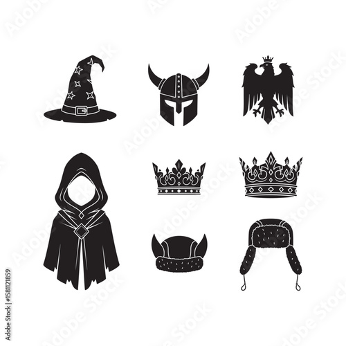 Black Silhouettes of Wizard Hat Viking Helmet Eagle Crowned and Winter Hat