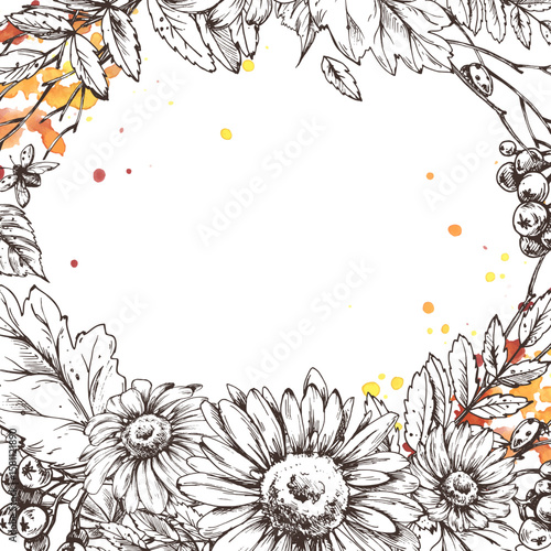 Square autumn frame with a sunflower centerpiece and watercolor splashes. Created in hand drawn illustration technique with fine line art and warm seasonal elements.