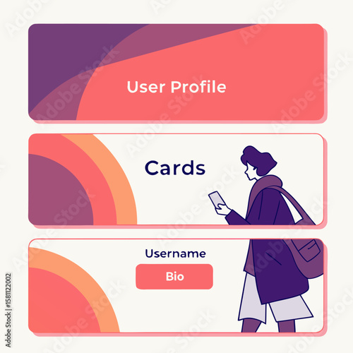 A user interface design featuring a user profile cards and a username bio section with a person holding phone