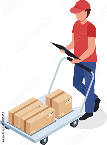 Delivery man wearing a red t shirt and cap is pushing a trolley with cardboard boxes containing goods and checking a tablet, shipping and logistics concept
