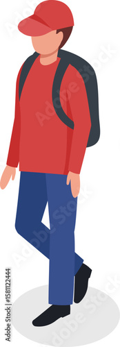 Delivery man walking with a backpack, wearing a red shirt and cap, showcases an isometric view of a courier delivering a package efficiently and reliably