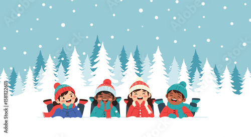 Happy children enjoying a snowy winter day playing outdoors among tall pine trees