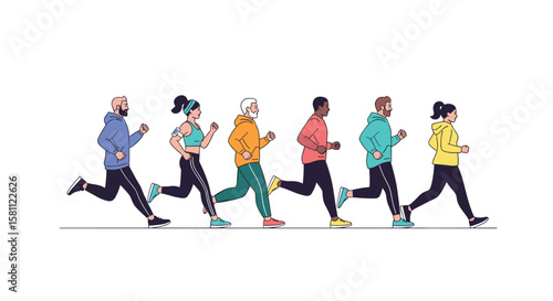 A diverse group of people running together exercising for fitness and health outdoors
