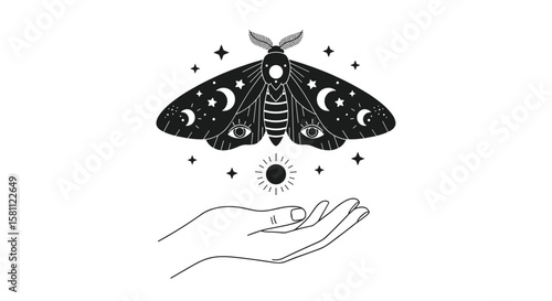 Mystical moth and celestial body illustration embracing cosmic energy in hand