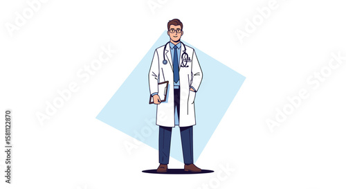 Doctor standing confidently holding a clipboard and stethoscope