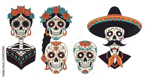 Celebrating dia de los muertos skull art designs featuring festive floral headdresses and traditional mexican attire