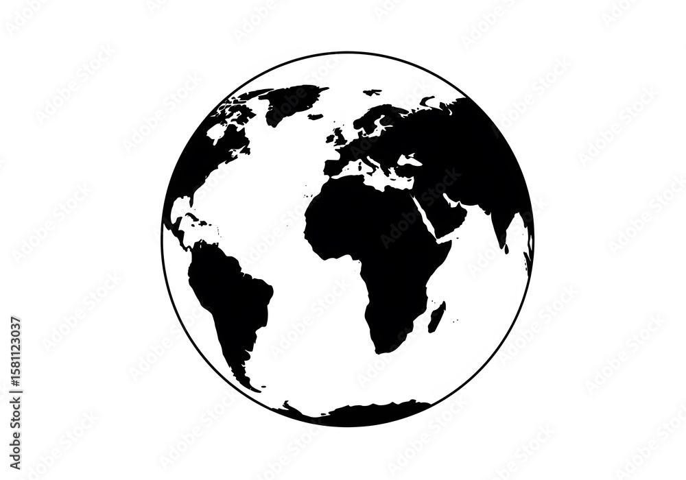 Fototapeta premium A Simple Black and White Illustration of Planet Earth, Global Icon, World Map Graphic, Representing the Globe, International Concept, Terrestrial Sphere