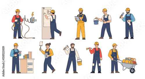Skilled construction workers performing various trades and repair tasks on a white background