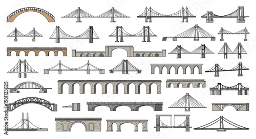 A diverse collection of structural engineering masterpieces illustrating various bridge designs