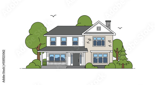 Charming two story family home surrounded by lush green trees and landscaping
