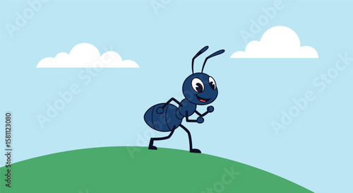 A happy little ant running up a green hill on a sunny day with clouds