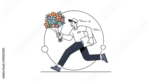 Man in uniform rushing with a beautiful bouquet of flowers and a package in motion