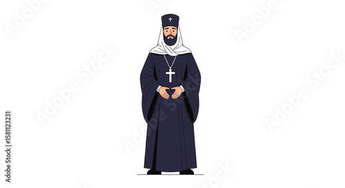 Orthodox christian priest in traditional clerical attire with beaded veil and cross