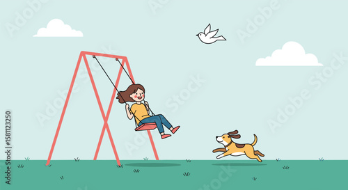 A girl enjoys a swing while her dog plays energetically nearby on a sunny day