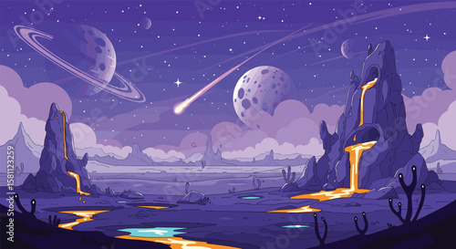 Vast alien landscape with glowing rivers and fiery mountains under a starry sky