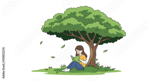 A young woman finds a peaceful moment reading a book under a large tree on a sunny day surrounded by falling leaves