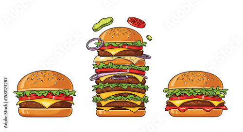 Giant stacked burger and two regular burgers featuring fresh ingredients and savory patties a delicious meal