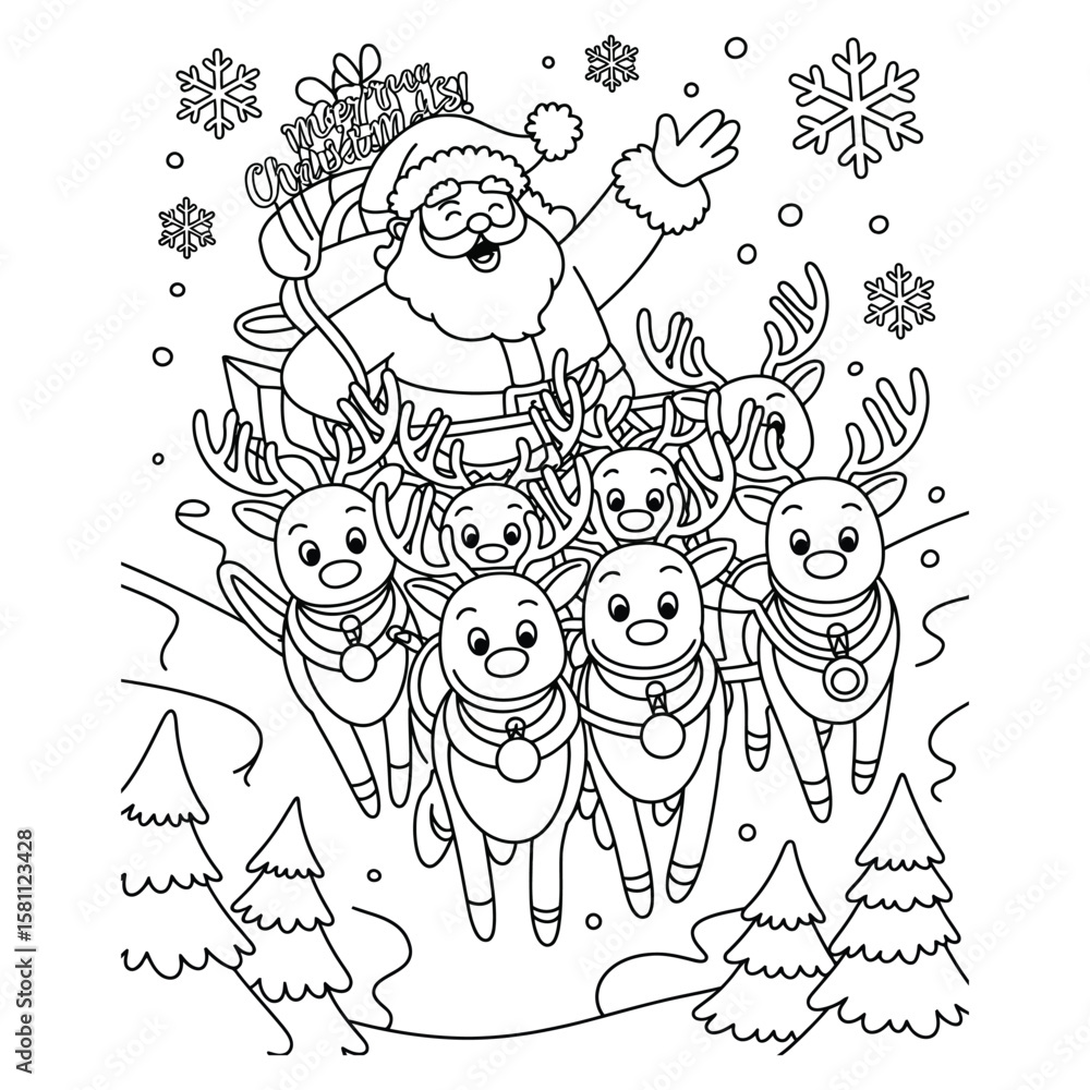 Fototapeta premium Black and white line art illustration of Santa flying in sleigh with eight reindeer and gifts across snowy night sky with Merry Christmas! banner
