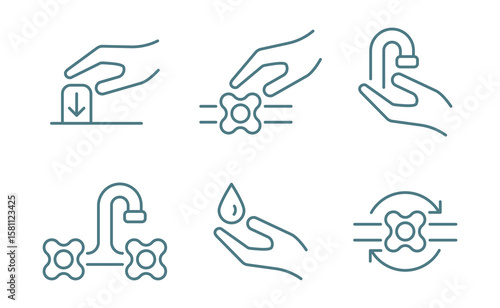 Clean hygiene icons hands operating faucets, water drop, sanitation. Visual guide for washing, plumbing. Health, protection, safety concept.