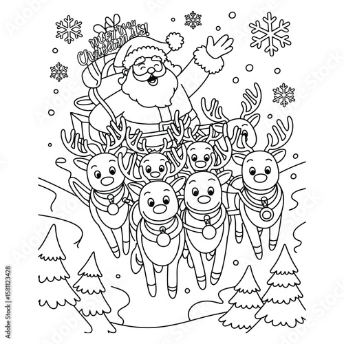 Wallpaper Mural Black and white line art illustration of Santa flying in sleigh with eight reindeer and gifts across snowy night sky with Merry Christmas! banner Torontodigital.ca