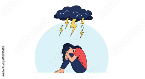 Illustration of a person experiencing mental health challenges under a stormy cloud with lightning strikes